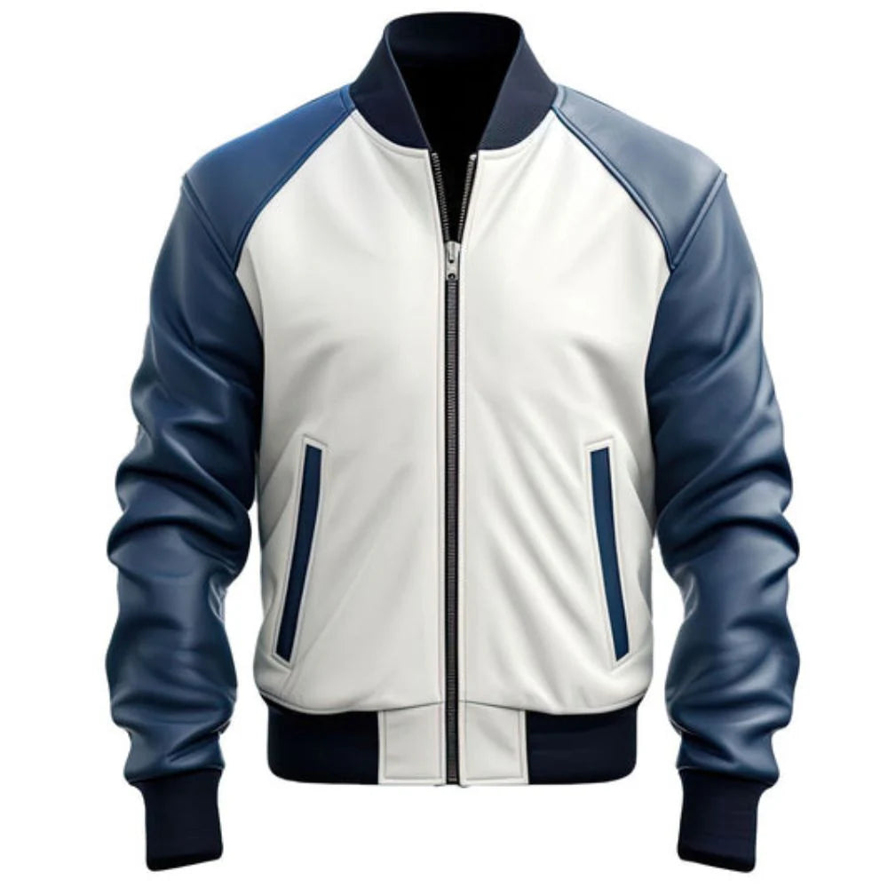 Blue White Genuine Sheepskin Leather Bomber Jacket for Men