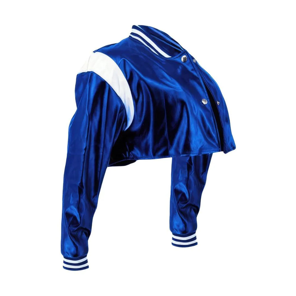 Blue Genuine Sheepskin Crop Baseball Top White Strips Leather Jacket for Women