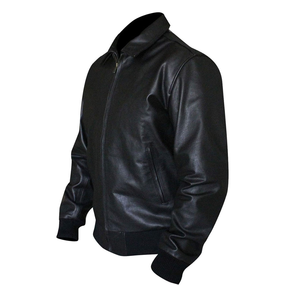 Men's Classic Black Leather Bomber Jacket