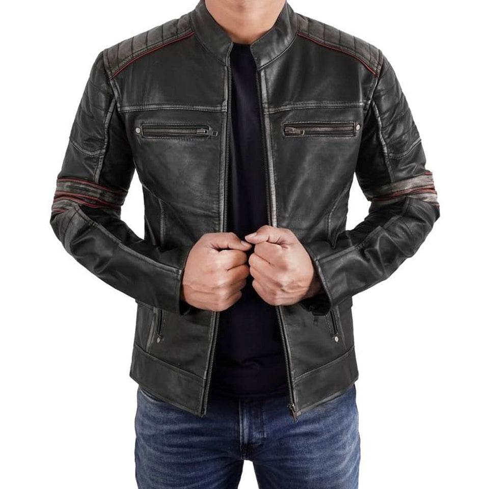 Vintage Cafe Racer Black Distressed Retro Leather Jacket for Men