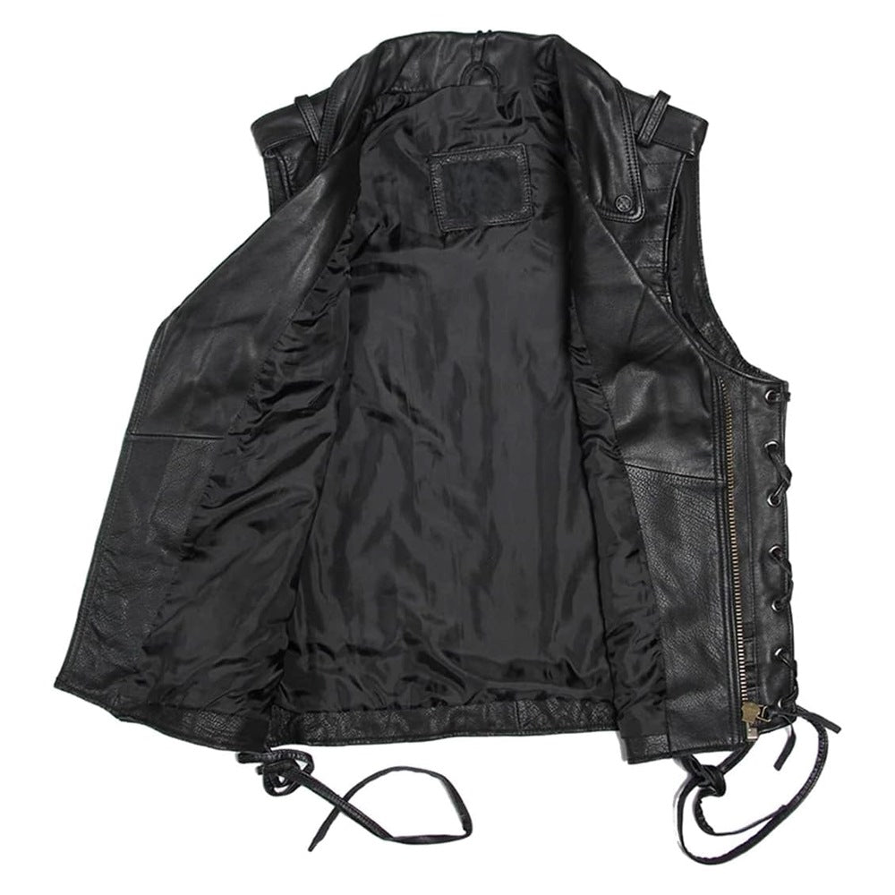 Vintage Retro Black Motorcycle Genuine Cowhide Leather Vest for Men