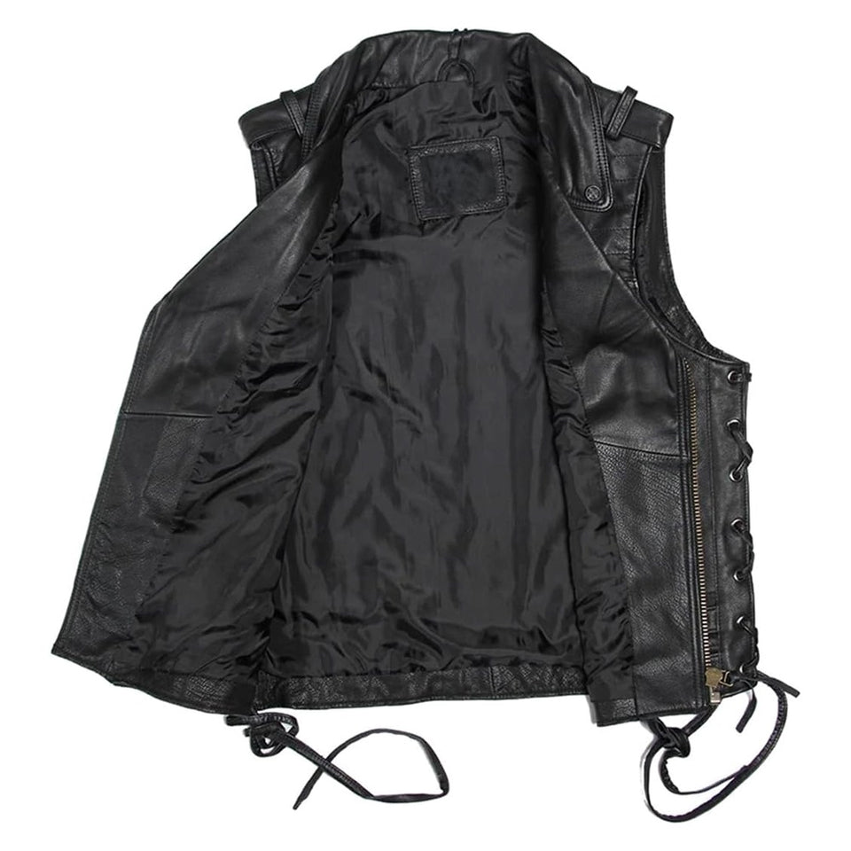 Vintage Retro Black Motorcycle Genuine Cowhide Leather Vest for Men