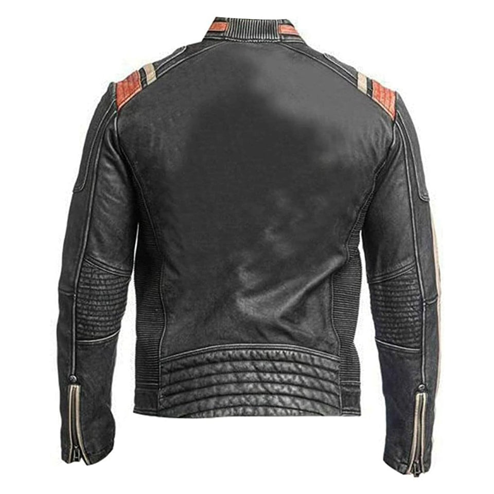 Vintage Distressed Black Café Racer Lambskin Leather Jacket For Men