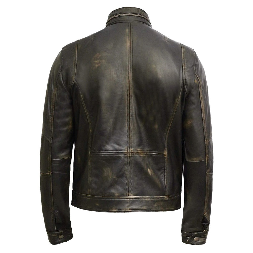 Distressed Brown Motorcycle Genuine Cowhide Leather Jacket for Men