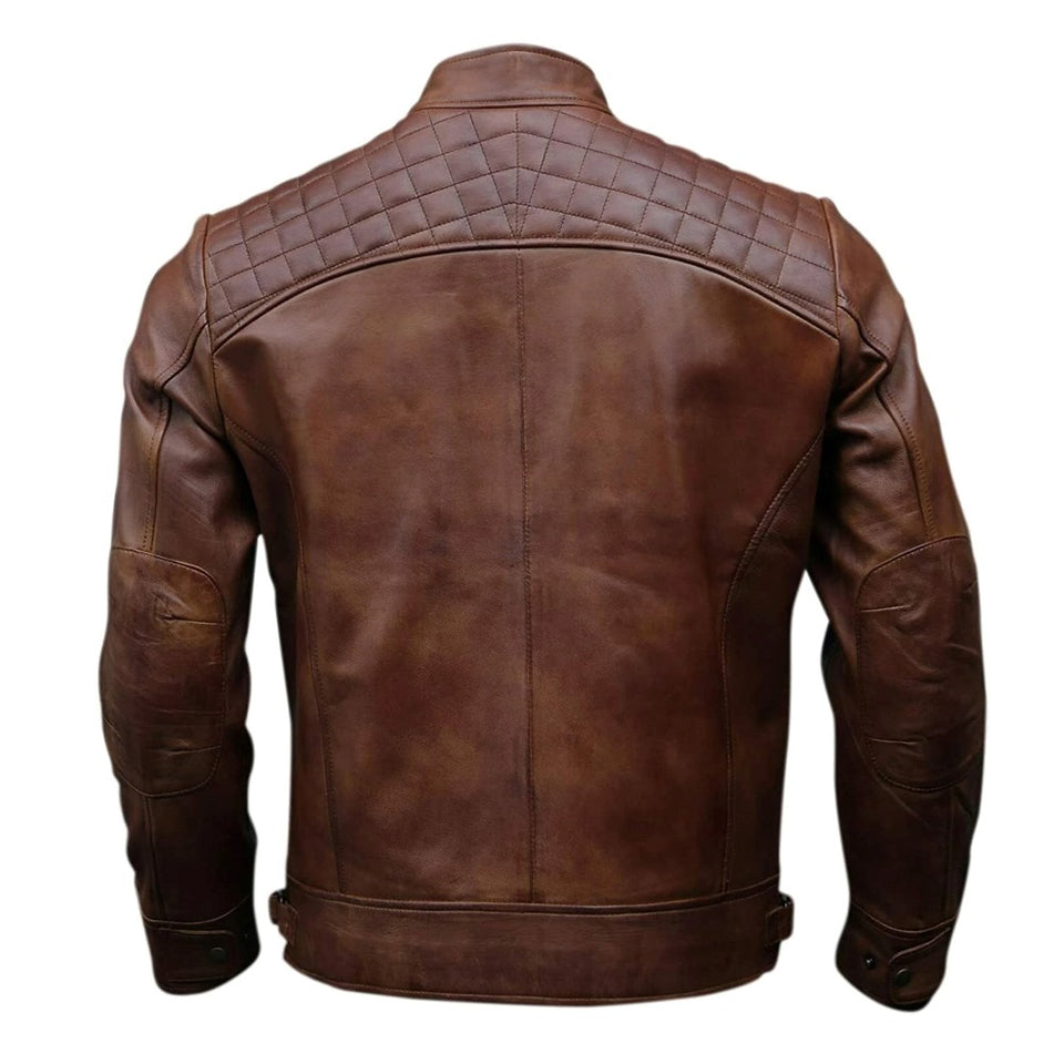 Brown Stand-up Collar Genuine Sheepskin Diamond Leather Biker Jacket For Men