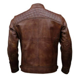 Brown Stand-up Collar Genuine Sheepskin Diamond Leather Biker Jacket For Men