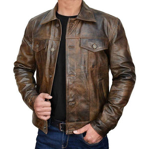 Trucker Vintage Style Real Lambskin Leather Jacket for Men