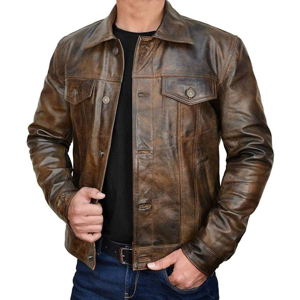 Trucker Vintage Style Real Lambskin Leather Jacket for Men