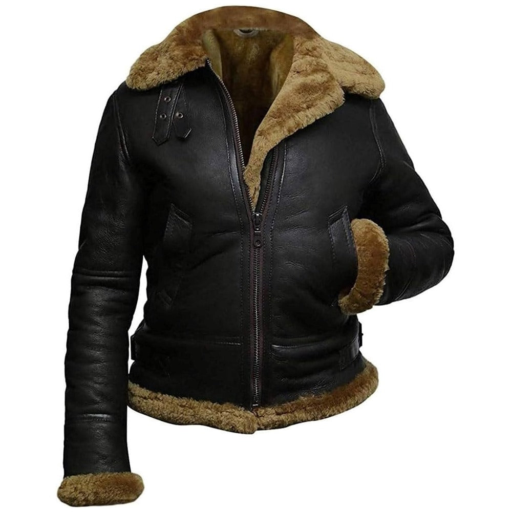 B3 Hooded Bomber Faux Shearling Sheepskin Leather Jackets for Women