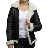 B3 Hooded Bomber White Fur Faux Shearling Sheepskin Leather Jackets for Women