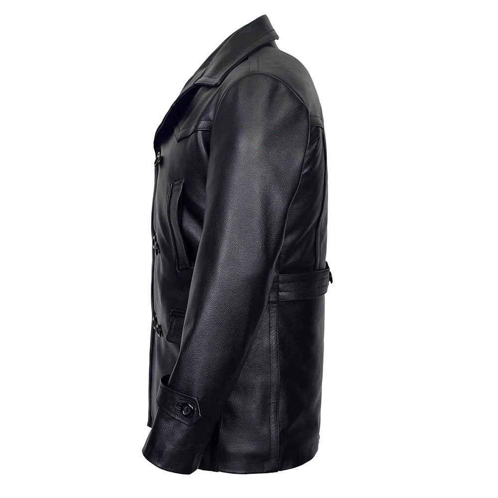 Vintage Black German Classic WW2 Officer Lambskin Leather Coat For Men