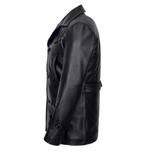 Vintage Black German Classic WW2 Officer Lambskin Leather Coat For Men