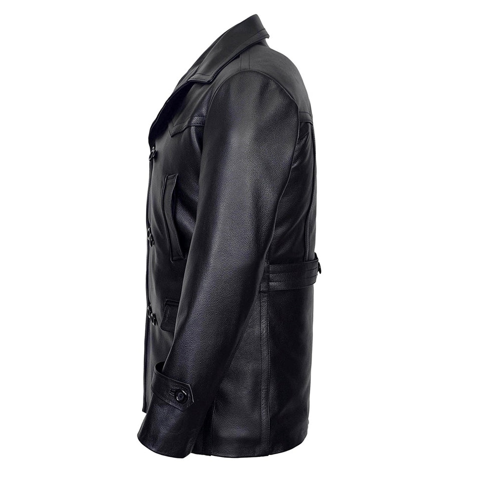 Vintage Black German Classic WW2 Officer Lambskin Leather Coat For Men