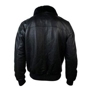 Black Aviator Bomber  Fur Collar Sheepskin Leather Jacket For Men