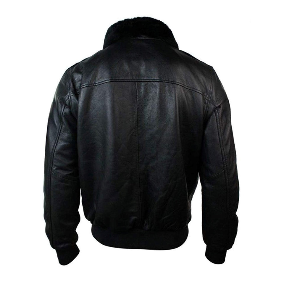 Black Aviator Bomber  Fur Collar Sheepskin Leather Jacket For Men
