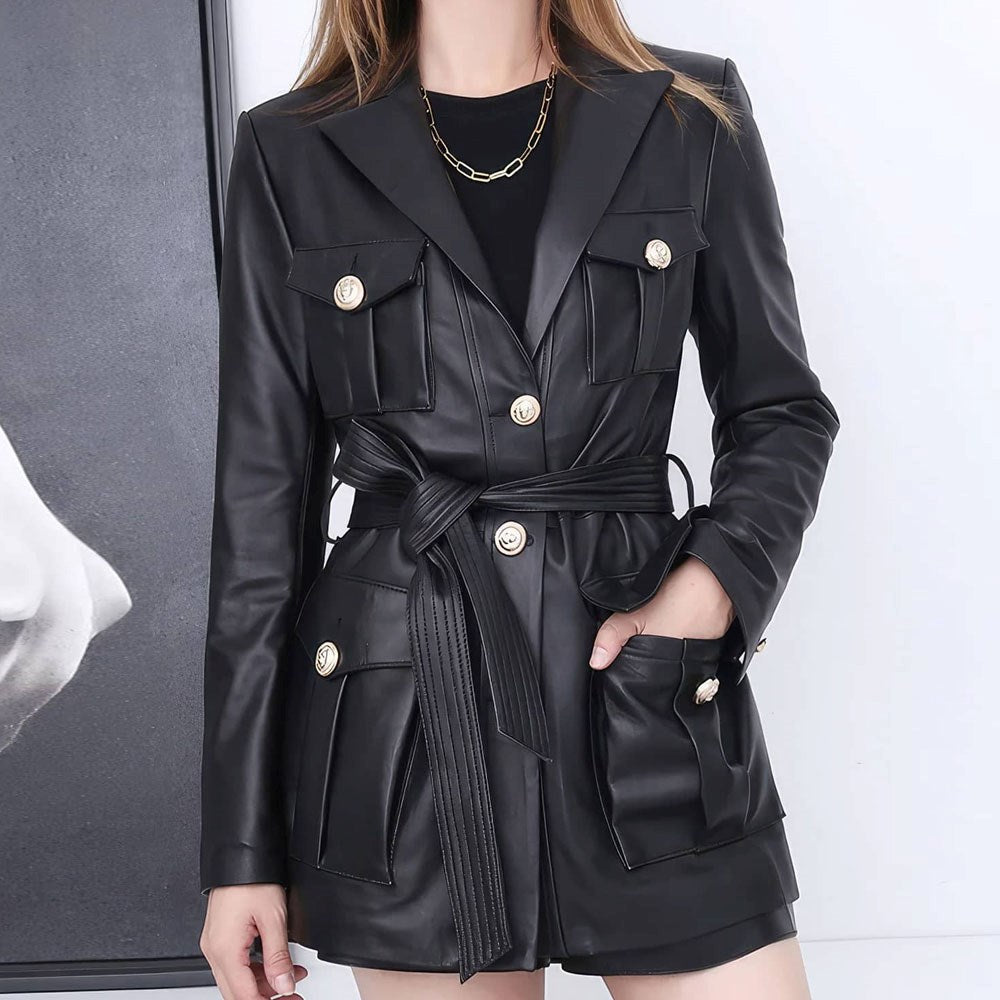 Solid Black Safari Belted Premium Sheepskin Leather Coat for Women