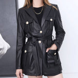 Solid Black Safari Belted Premium Sheepskin Leather Coat for Women