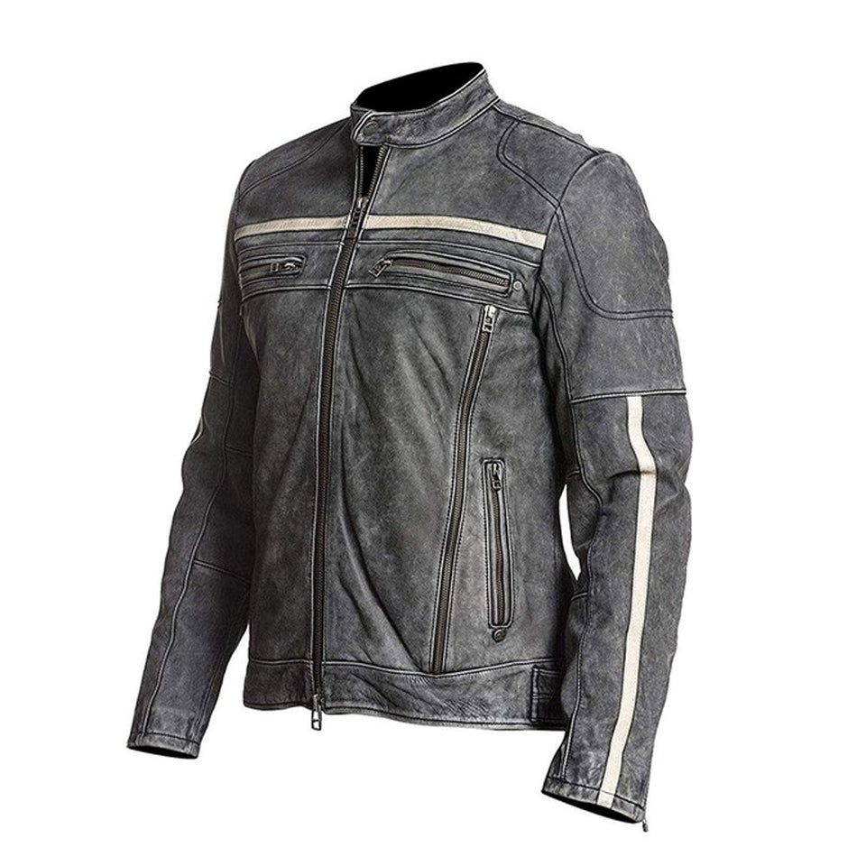 Grey Moto-Racer Vintage Genuine Cowhide Leather Jacket for Men