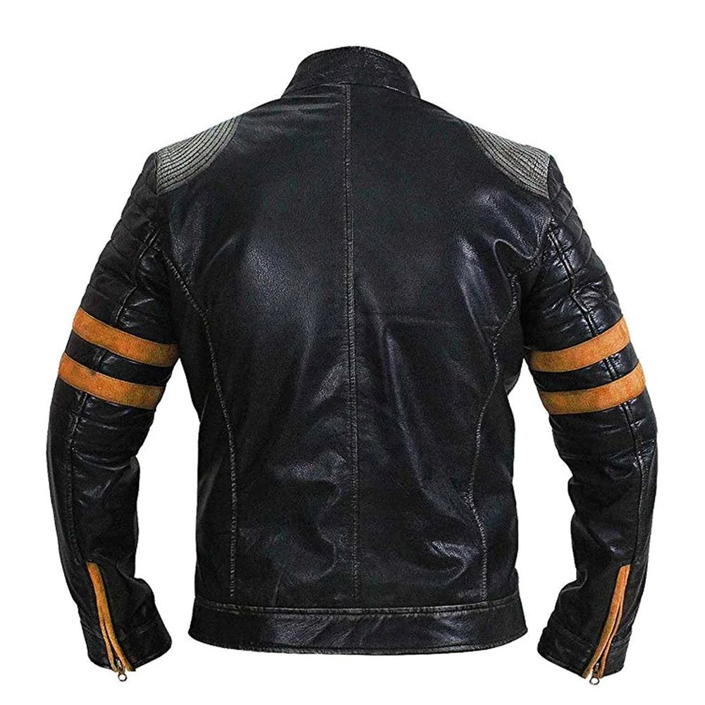Men's Vintage Distressed Black Leather Biker Jacket with Quilted Shoulders and Stripes