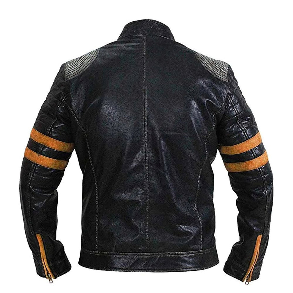 Men's Vintage Distressed Black Leather Biker Jacket with Quilted Shoulders and Stripes