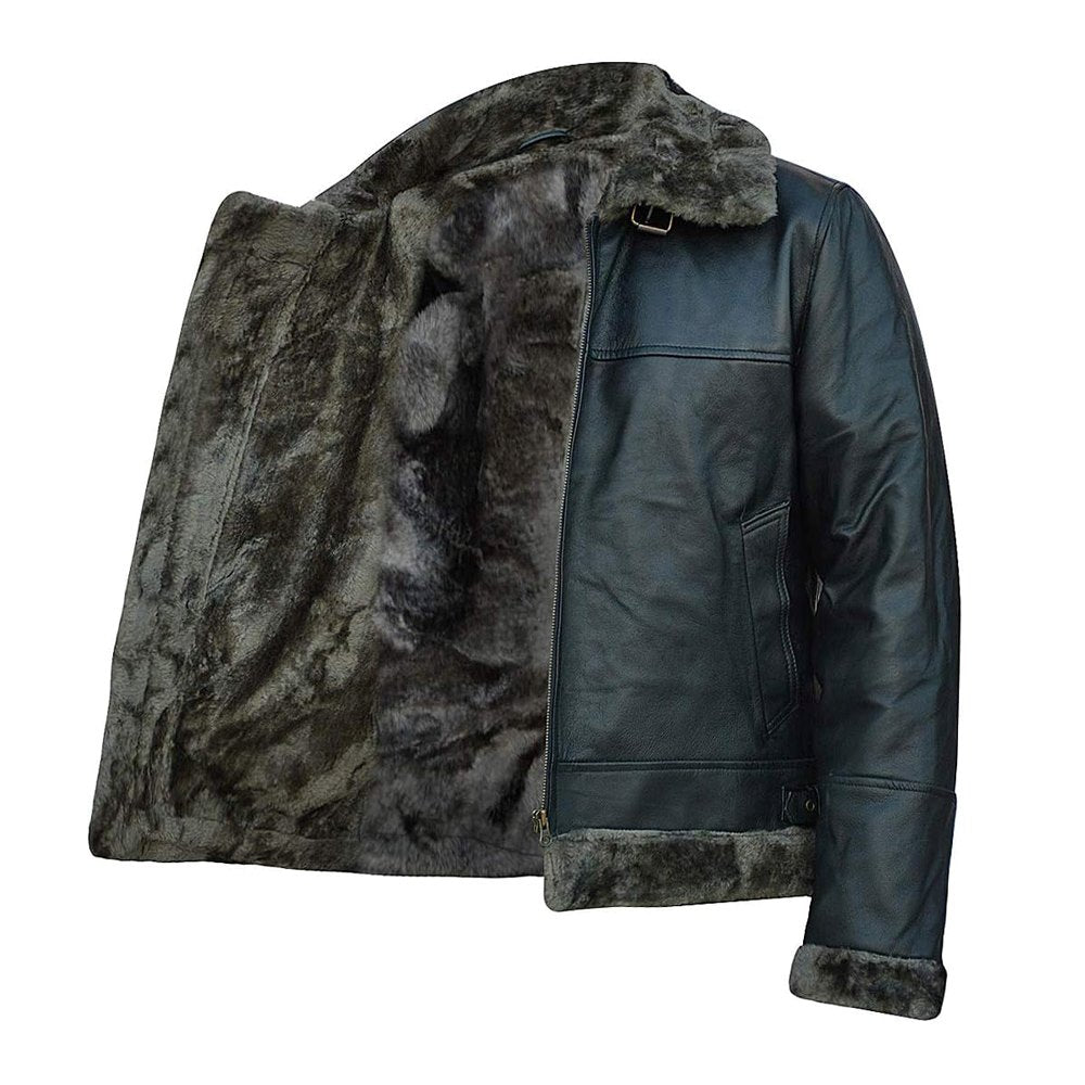 Aviator Black Removable Hood Shearling Sheepskin Leather Jacket for Men