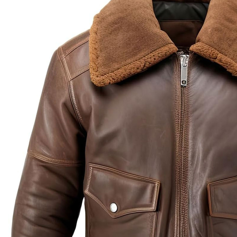 Brown Motorcycle Genuine Sheepskin Bomber Leather Jacket For Men