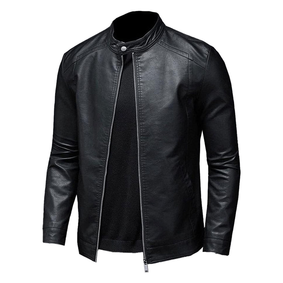 Black Stand-Up Collar Biker Genuine Sheepskin Leather Jacket for Men