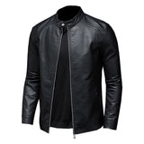 Black Stand-Up Collar Biker Genuine Sheepskin Leather Jacket for Men
