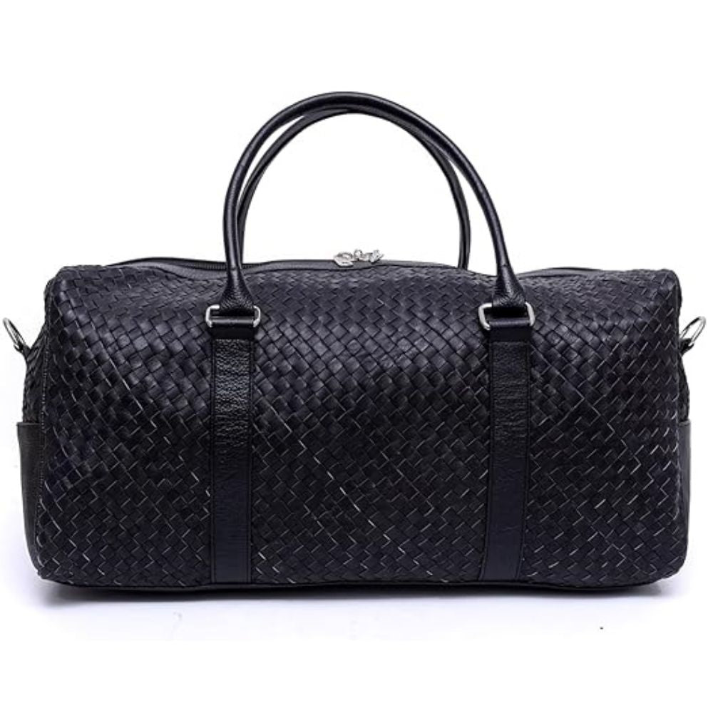 Braided Design - Hair On Black Cowhide Genuine Leather Duffel Bag