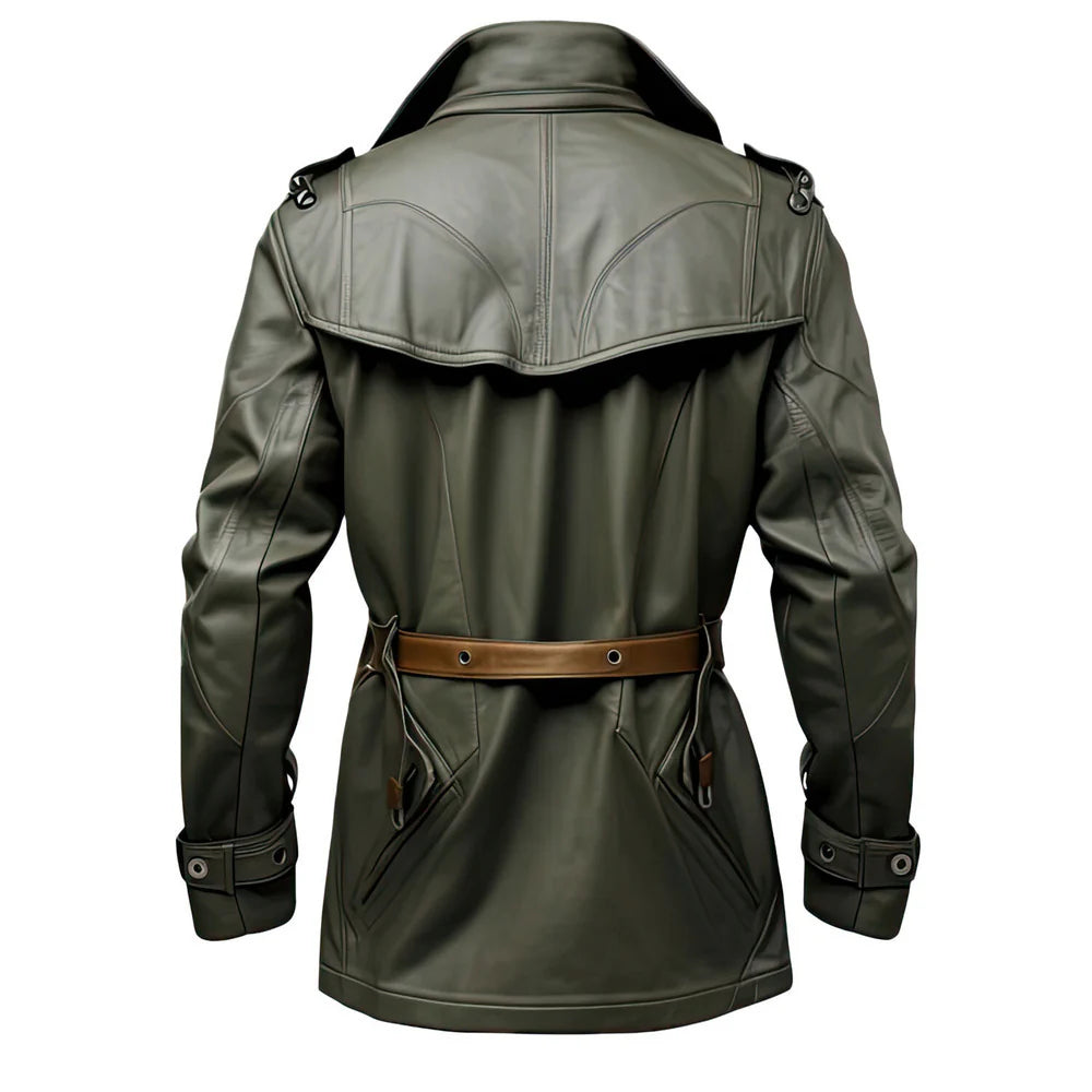 Olive Green  Genuine Sheepskin Military Style  Warm Leather Coat for Men
