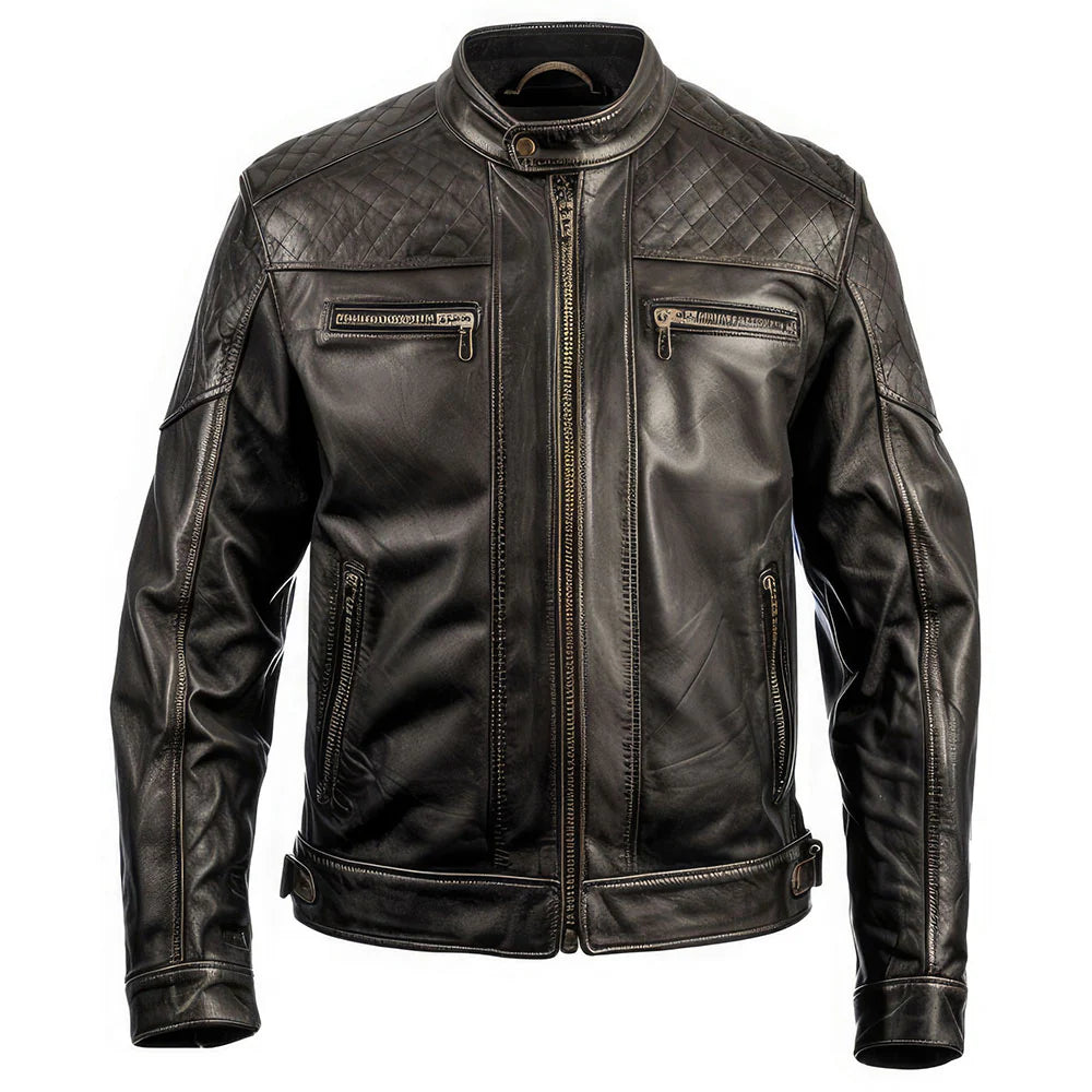 Brown Stand-up Collar Genuine Sheepskin  Diamond Leather Biker Jacket For Men