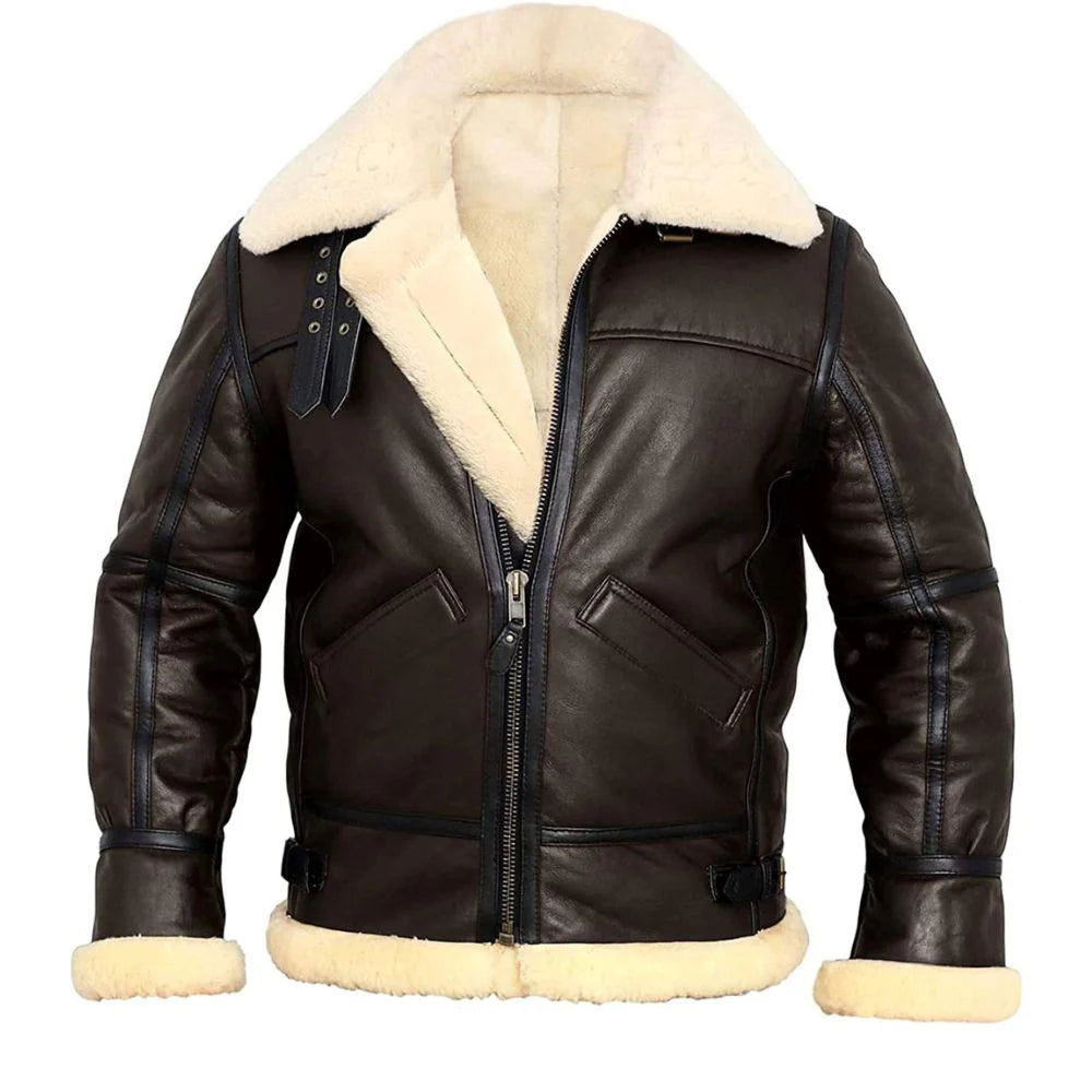 Brown Classic Aviator B3 Bomber Genuine Sheepskin Leather Jacket for Men
