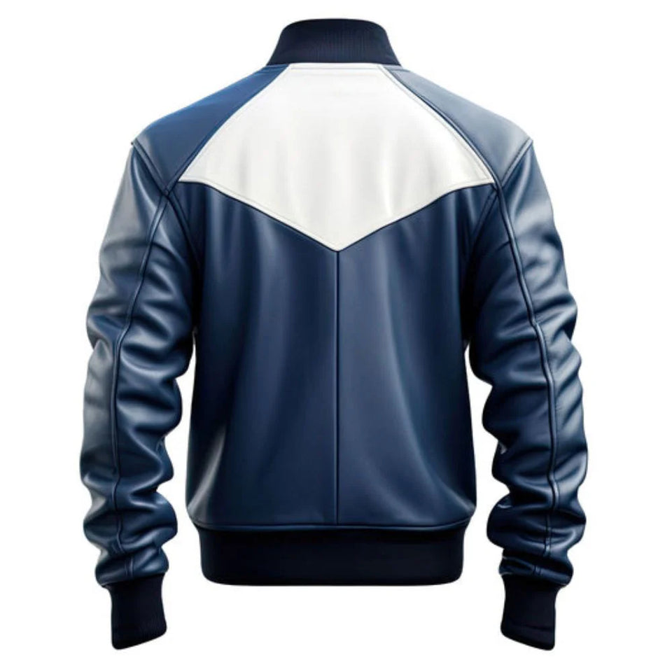 Blue White Genuine Sheepskin Leather Bomber Jacket for Men