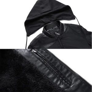 Black Sheepskin Faux Shearling Fur Lining Hoodie Leather Jacket for Men