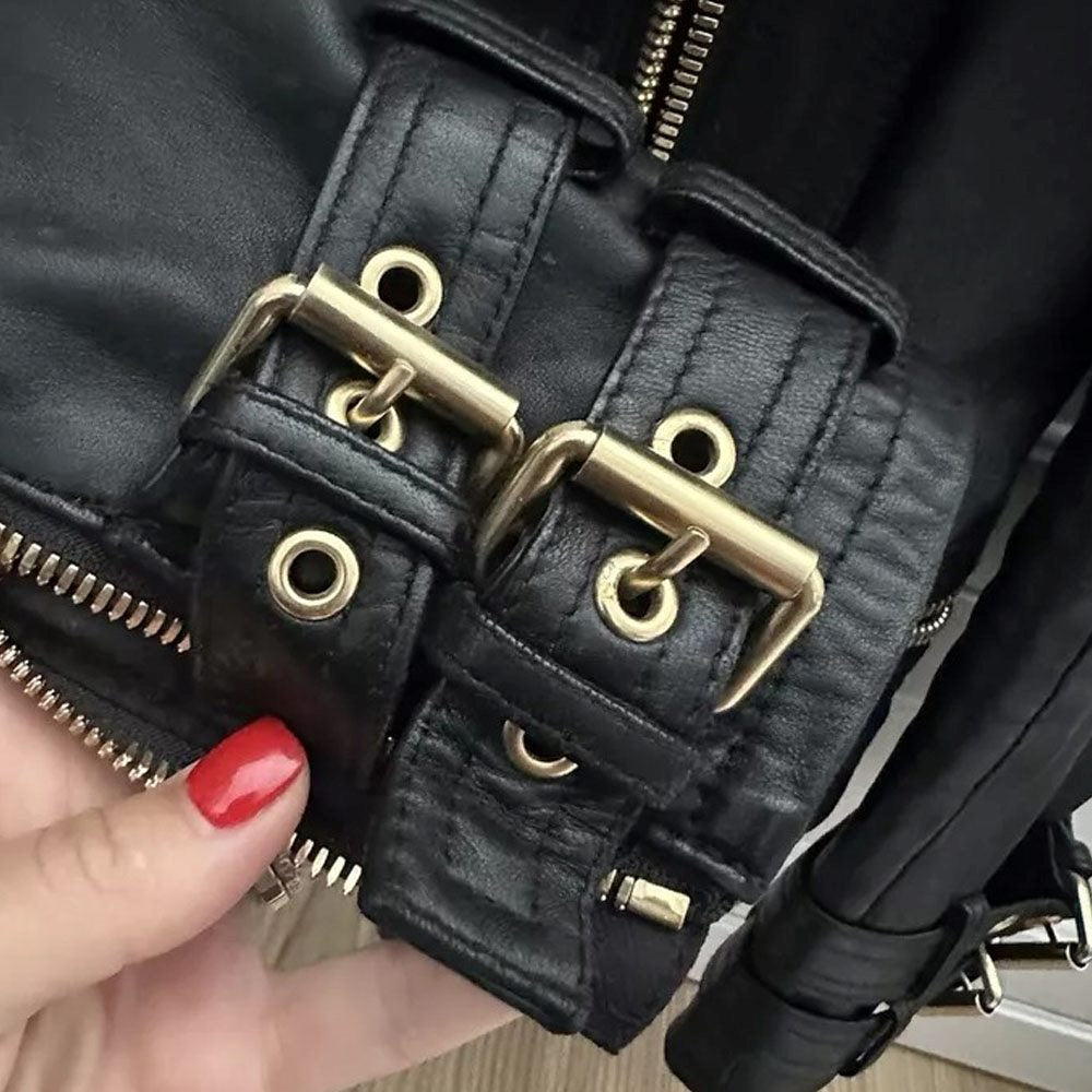 Gold Accents Zipper Closure Premium Sheepskin Leather Motorcycle Jacket for Women