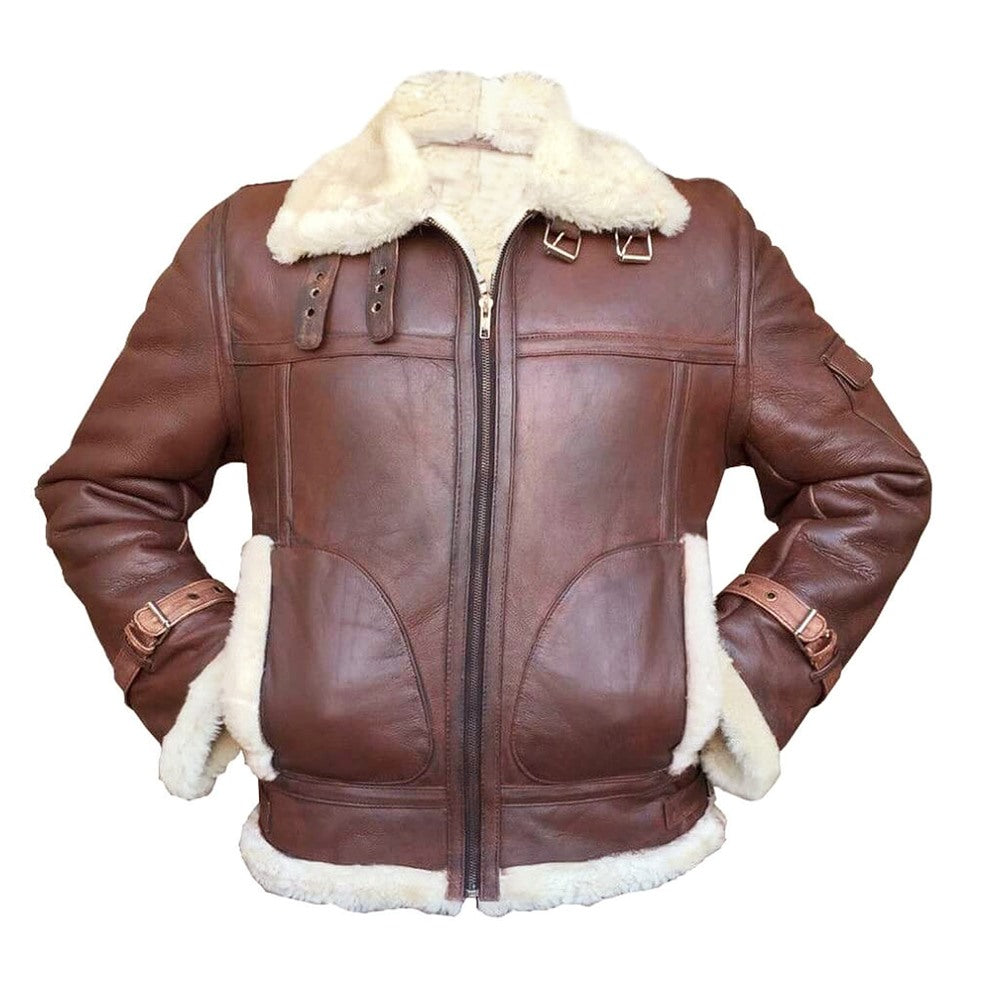 RAF Aviator White Fur Shearling Brown Premium Lambskin Leather Bomber Jacket for Men