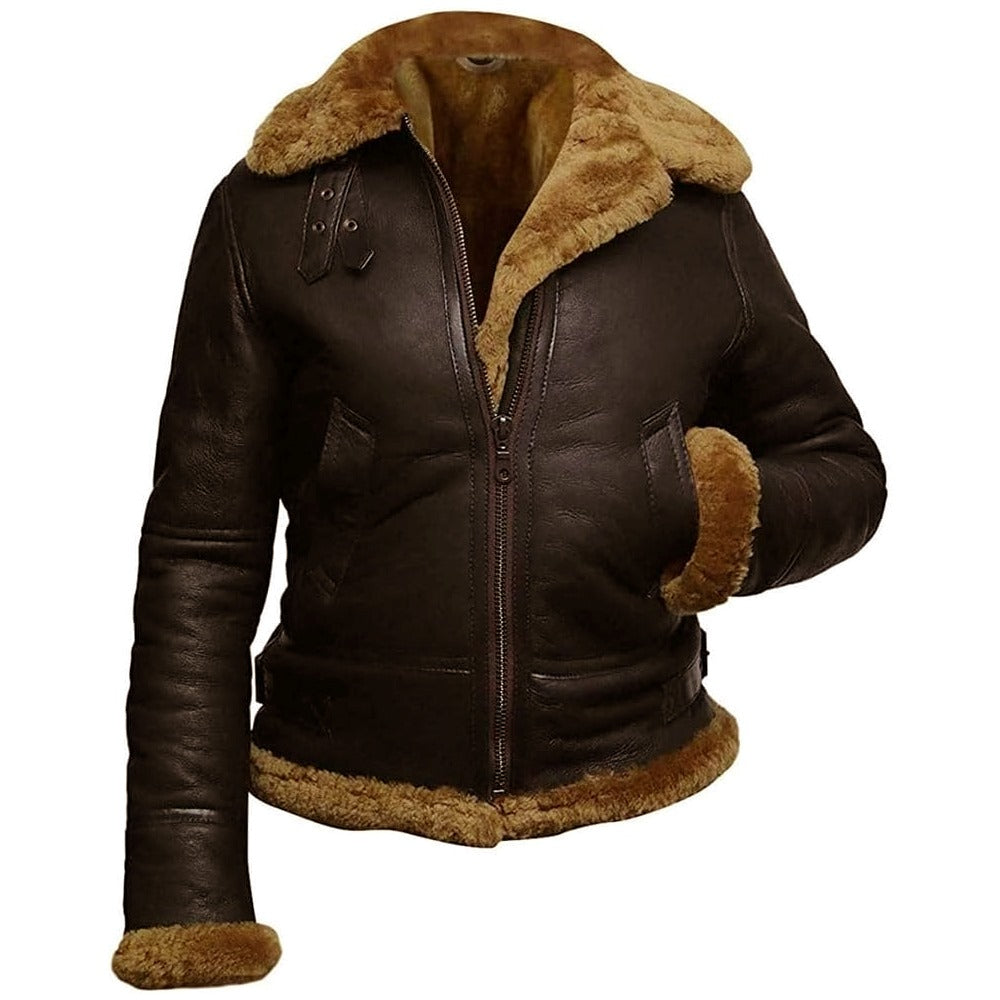 B3 Hooded Bomber Faux Shearling Sheepskin Leather Jackets for Women