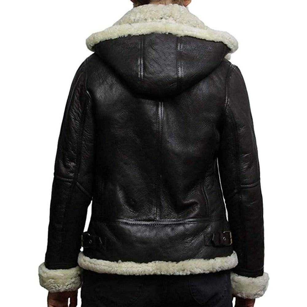 B3 Hooded Bomber White Fur Faux Shearling Sheepskin Leather Jackets for Women