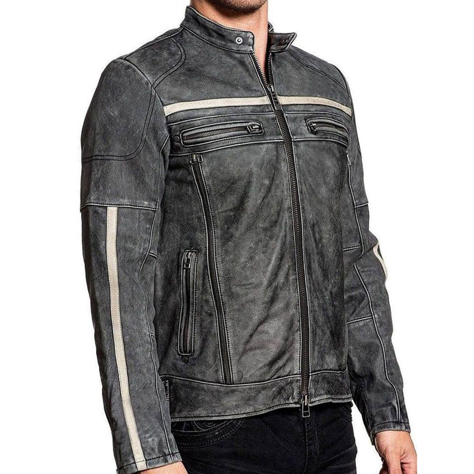 Grey Moto-Racer Vintage Genuine Cowhide Leather Jacket for Men