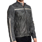 Grey Moto-Racer Vintage Genuine Cowhide Leather Jacket for Men