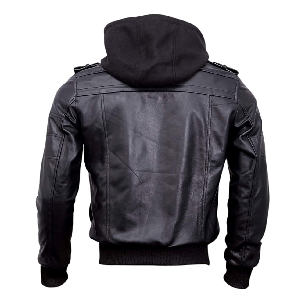Bomber Removable Hooded Sheepskin Leather Jacket for Men