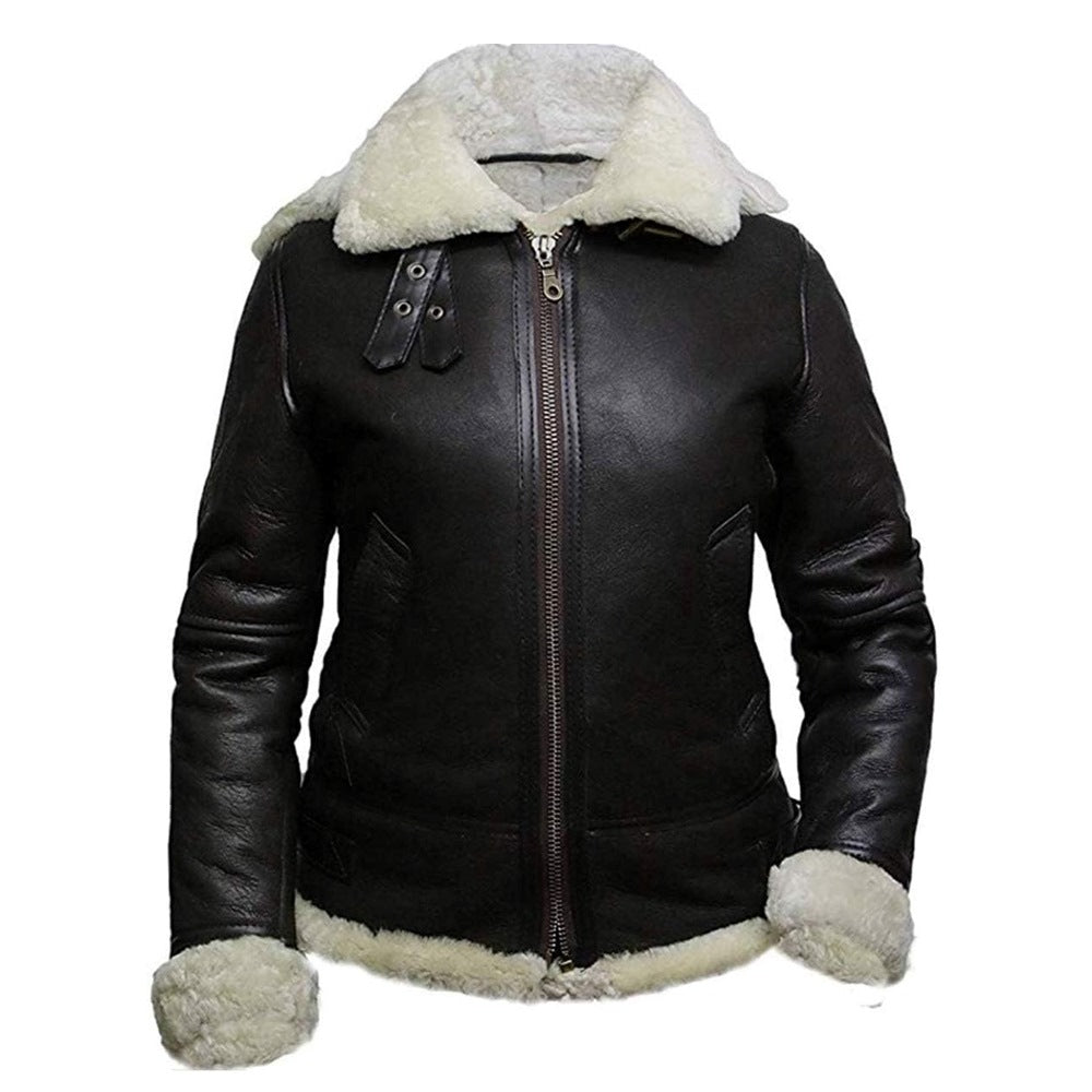 B3 Hooded Bomber White Fur Faux Shearling Sheepskin Leather Jackets for Women