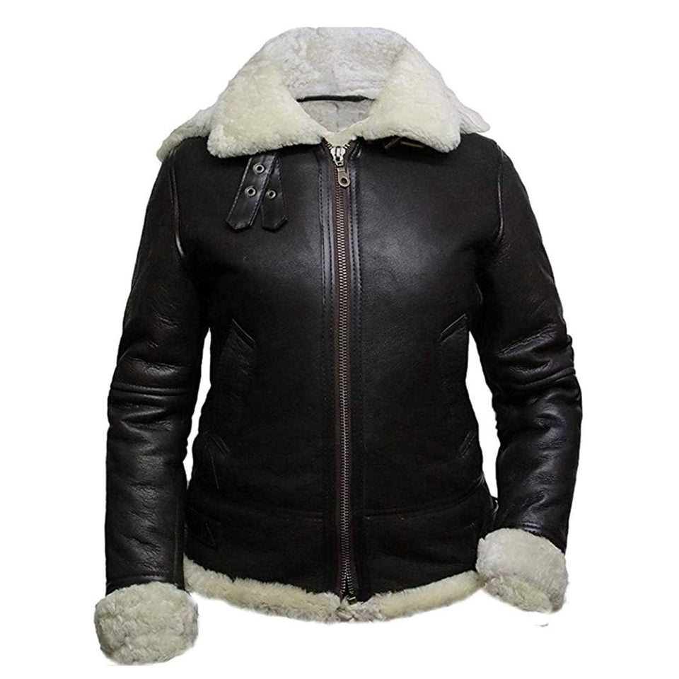 B3 Hooded Bomber White Fur Faux Shearling Sheepskin Leather Jackets for Women