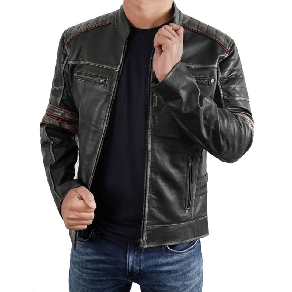 Vintage Cafe Racer Black Distressed Retro Leather Jacket for Men