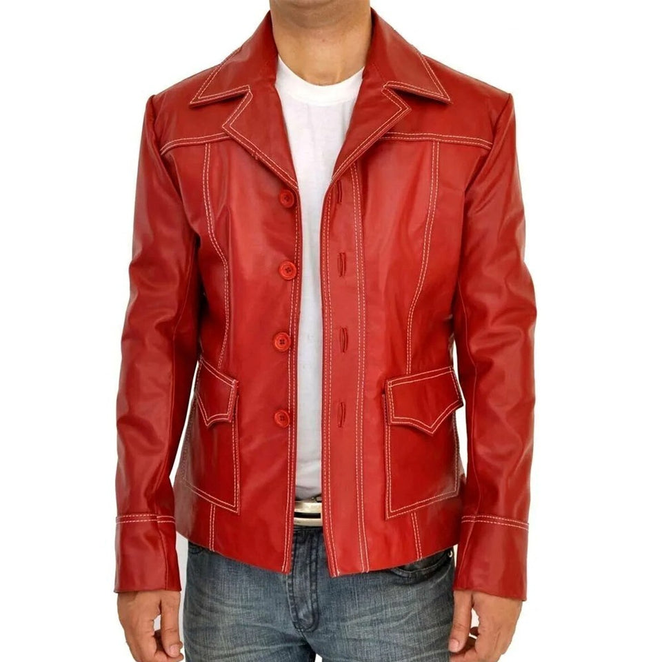 Fight Club Red Real Sheepskin Leather Jacket For Men
