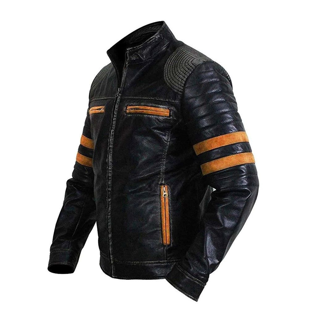 Men's Vintage Distressed Black Leather Biker Jacket with Quilted Shoulders and Stripes