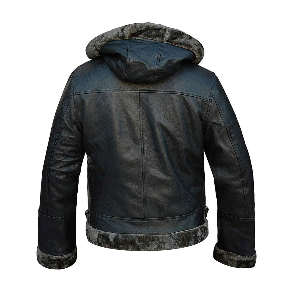 Aviator Black Removable Hood Shearling Sheepskin Leather Jacket for Men