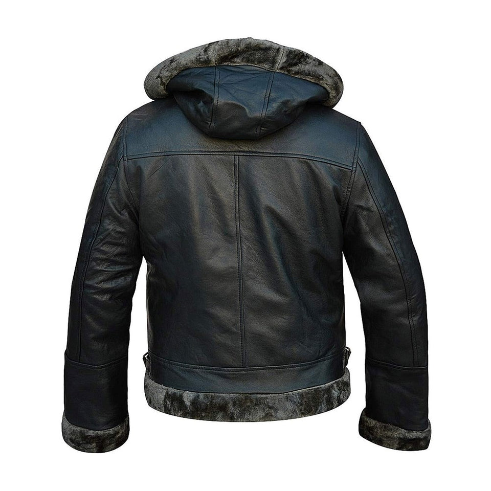 Aviator Black Removable Hood Shearling Sheepskin Leather Jacket for Men