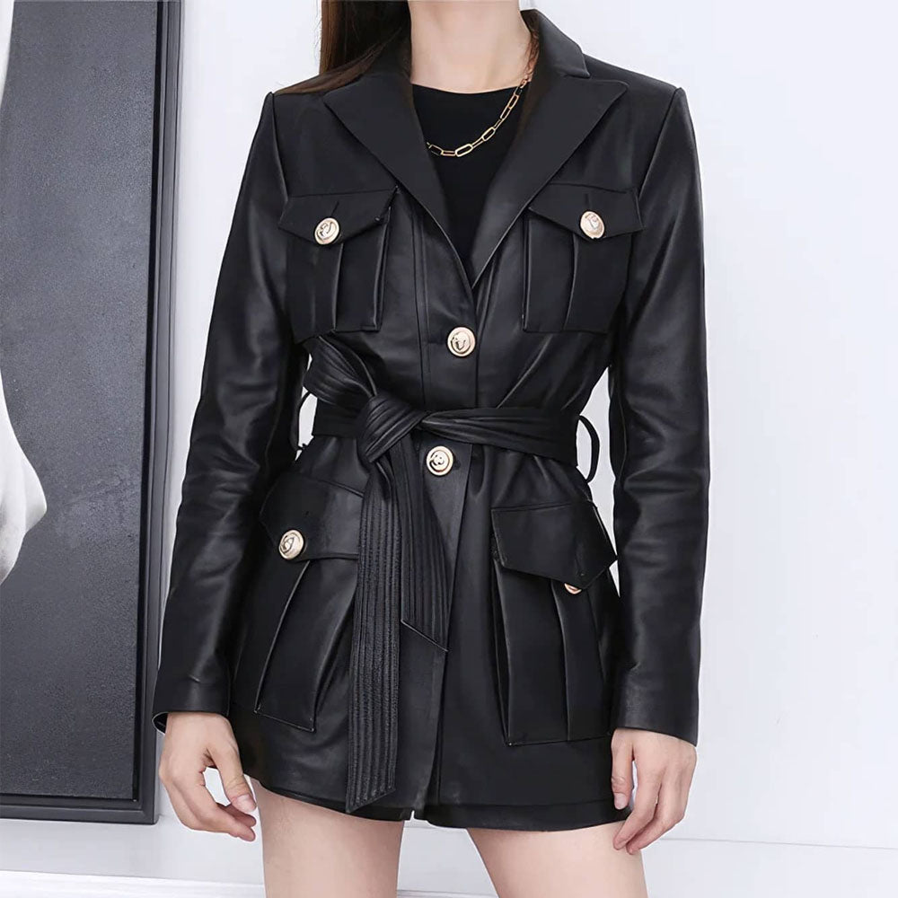 Solid Black Safari Belted Premium Sheepskin Leather Coat for Women
