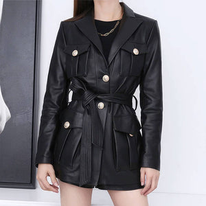 Solid Black Safari Belted Premium Sheepskin Leather Coat for Women